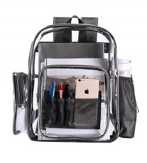 Clearworld Clear Durable Backpack For School, Travel with Multi Pockets-Black